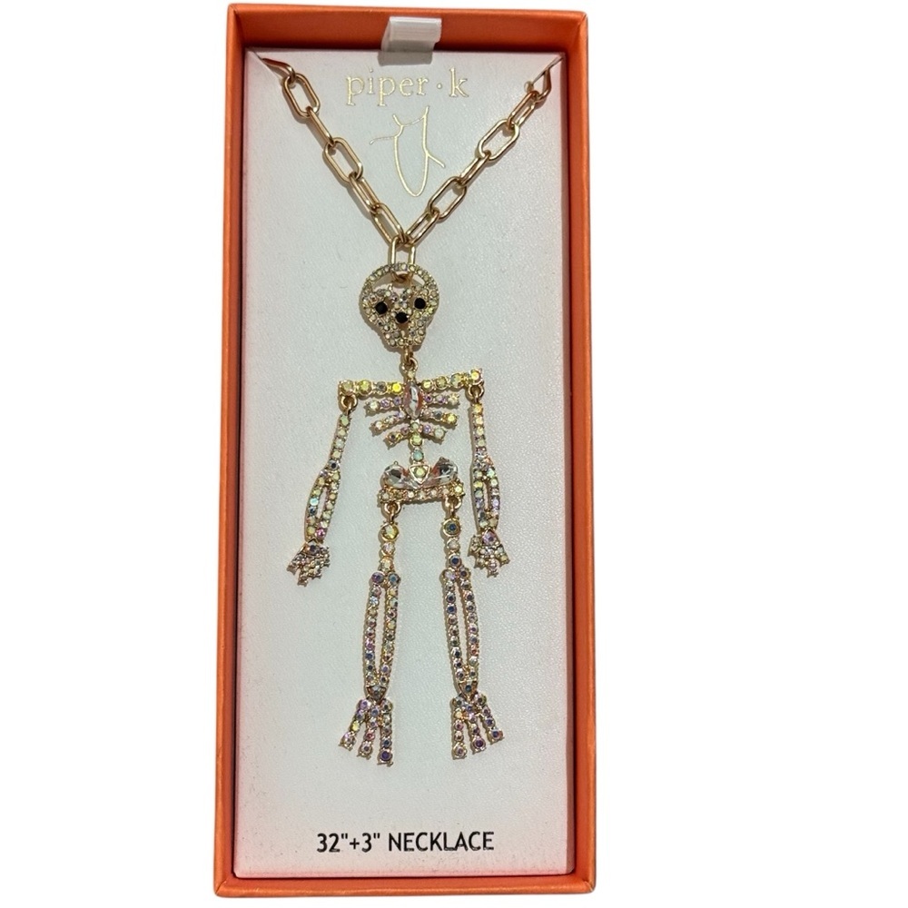 Piper K Rhinestone Goldtone Skeleton Necklace 32” +3”Dangly Bling‎ Pendant